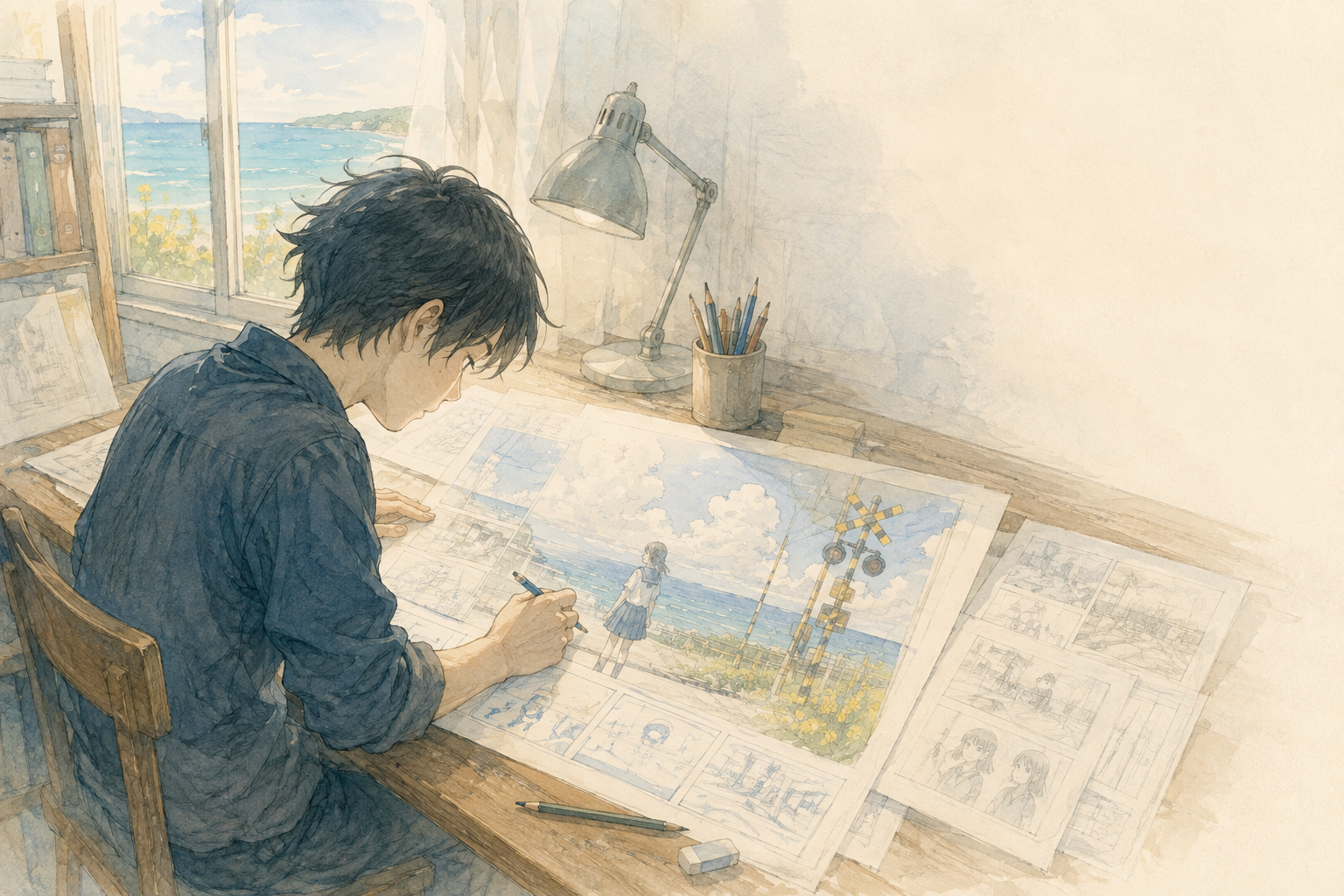 机に向かって風の色の設定画を描くアニメーション制作者