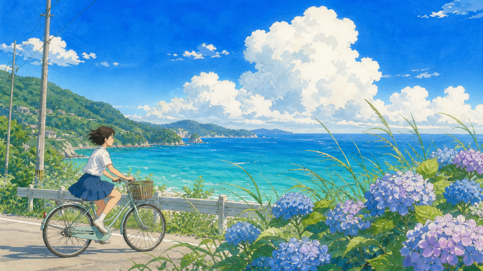 海辺の道を走る風の色のワンシーン