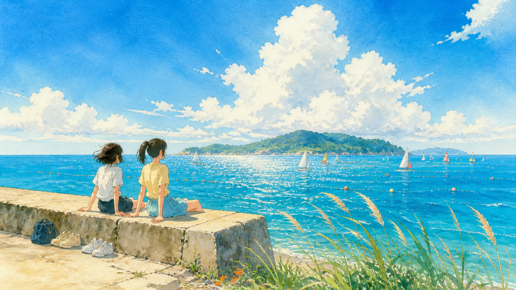 防波堤から夏の海を眺める二人