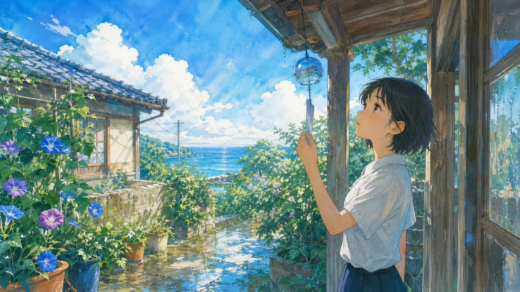 風鈴と夏の光を描いた風の色のワンシーン