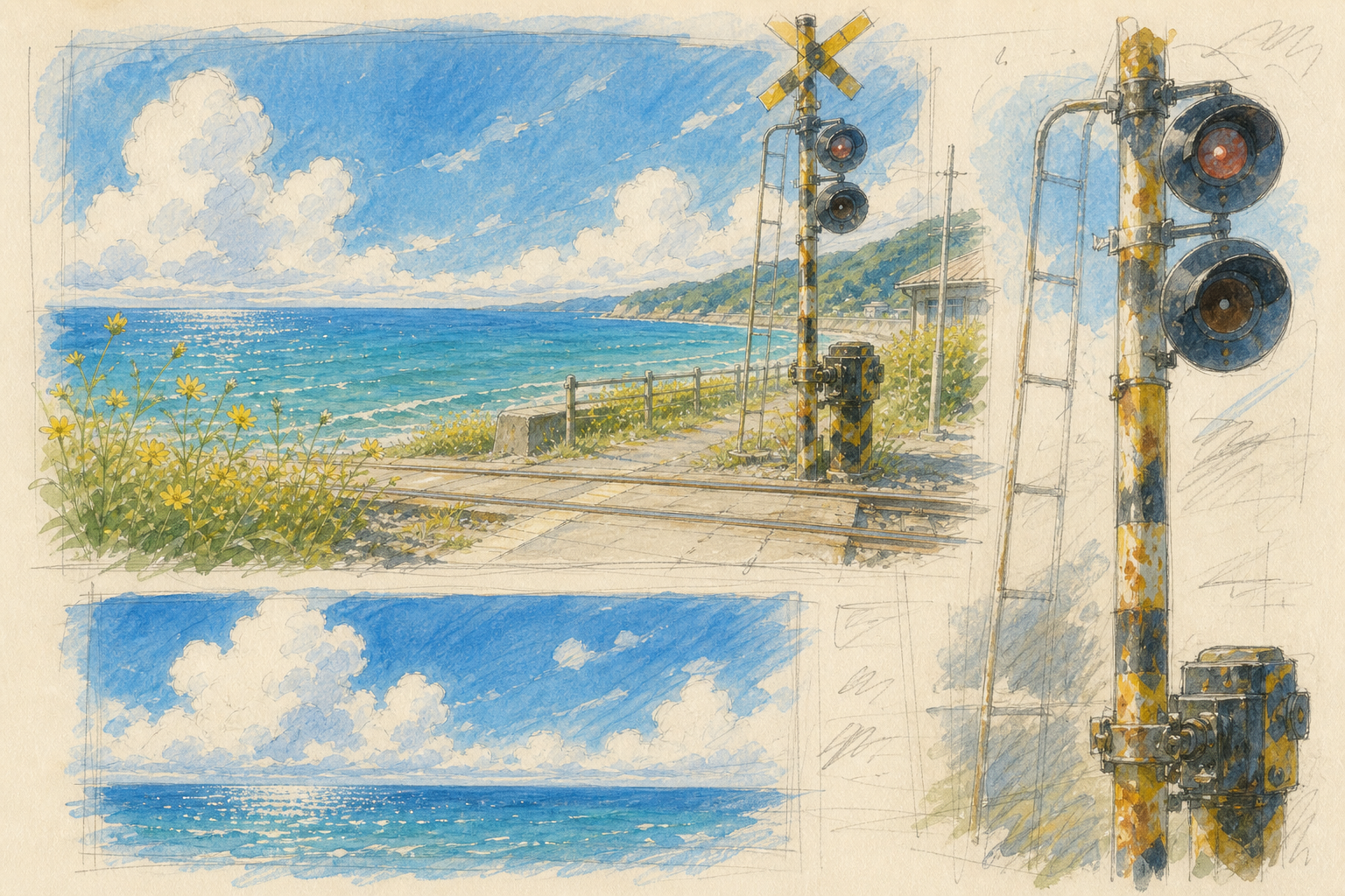 風の色：海辺の踏切と背景美術の設定資料