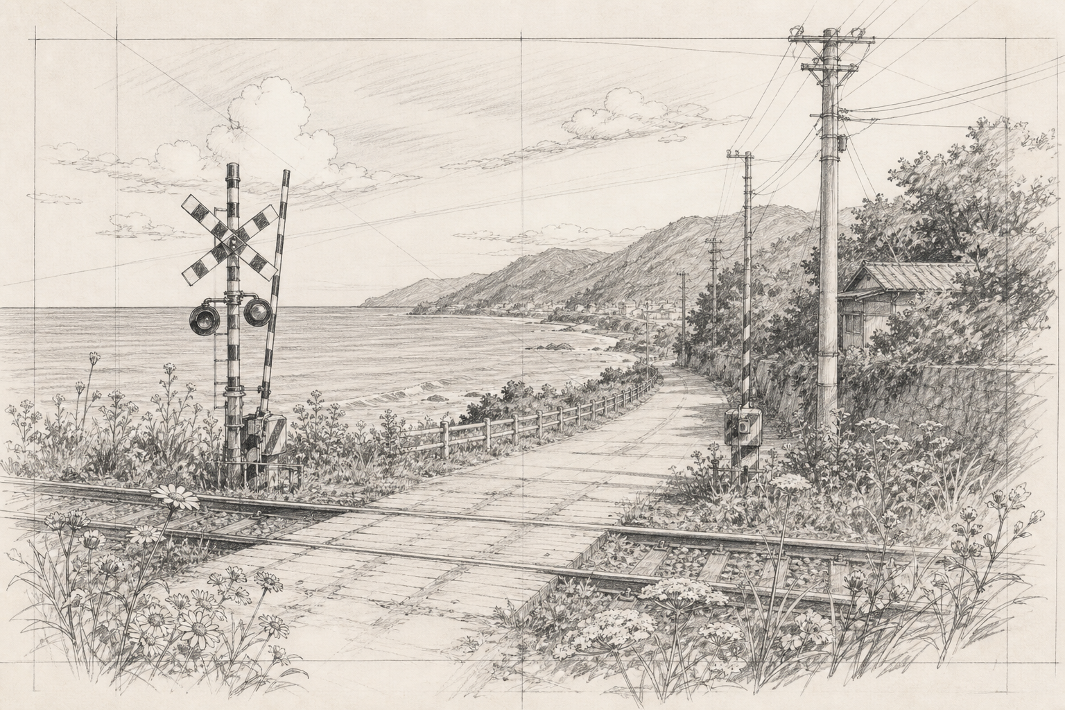 海辺の踏切の背景設定画